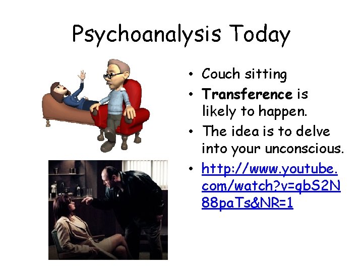 Psychoanalysis Today • Couch sitting • Transference is likely to happen. • The idea