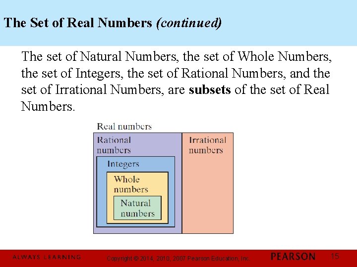 The Set of Real Numbers (continued) The set of Natural Numbers, the set of