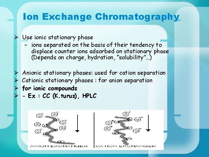 Ion Exchange Chromatography Ø Use ionic stationary phase – ions separated on the basis