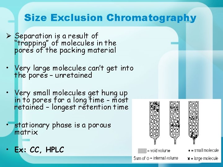Size Exclusion Chromatography Ø Separation is a result of “trapping” of molecules in the