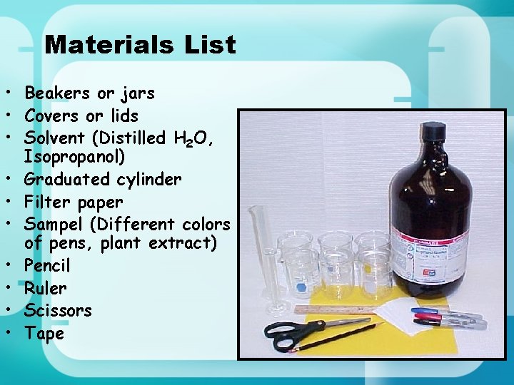 Materials List • Beakers or jars • Covers or lids • Solvent (Distilled H