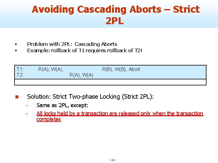 Avoiding Cascading Aborts – Strict 2 PL • • Problem with 2 PL: Cascading