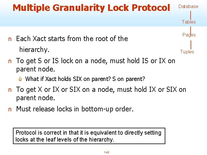 Multiple Granularity Lock Protocol Database Tables n Each Xact starts from the root of