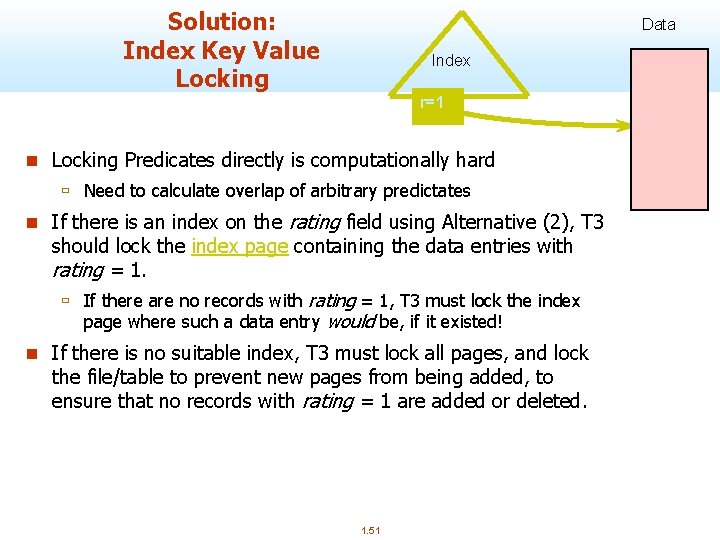 Solution: Index Key Value Locking Data Index r=1 n Locking Predicates directly is computationally
