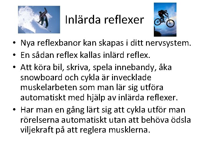 Inlärda reflexer • Nya reflexbanor kan skapas i ditt nervsystem. • En sådan reflex