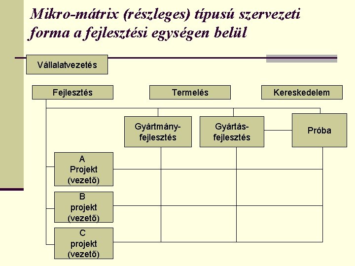 Mikro-mátrix (részleges) típusú szervezeti forma a fejlesztési egységen belül Vállalatvezetés Fejlesztés Termelés Gyártmányfejlesztés A