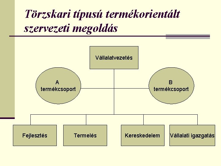 Törzskari típusú termékorientált szervezeti megoldás Vállalatvezetés A termékcsoport Fejlesztés Termelés B termékcsoport Kereskedelem Vállalati