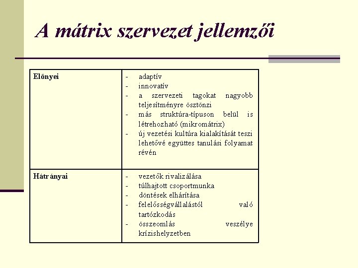 A mátrix szervezet jellemzői Előnyei - Hátrányai - adaptív innovatív a szervezeti tagokat nagyobb