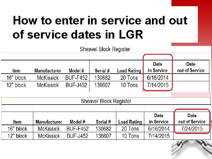 How to enter in service and out of service dates in LGR 