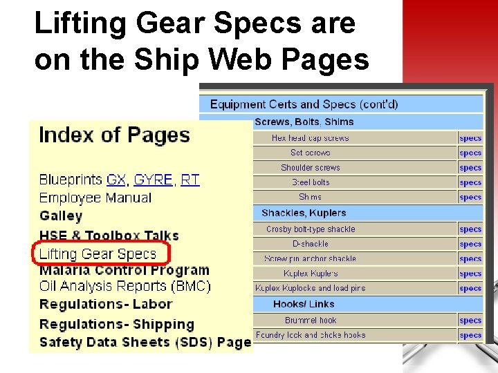 Lifting Gear Specs are on the Ship Web Pages 