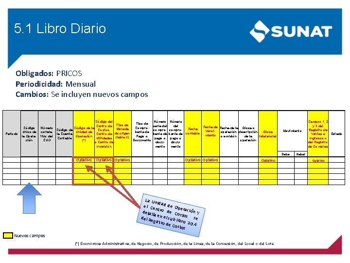 5. 1 Libro Diario Obligados: PRICOS Periodicidad: Mensual Cambios: Se incluyen nuevos campos Periodo