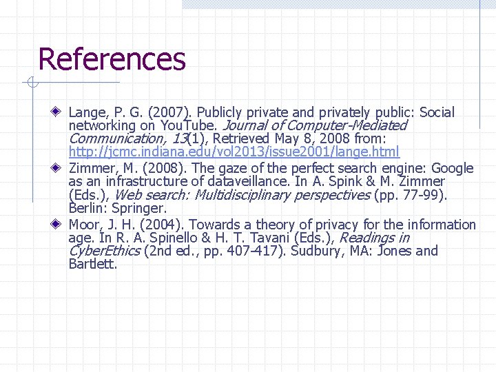 References Lange, P. G. (2007). Publicly private and privately public: Social networking on You.