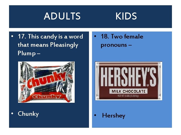 ADULTS KIDS • 17. This candy is a word that means Pleasingly Plump –