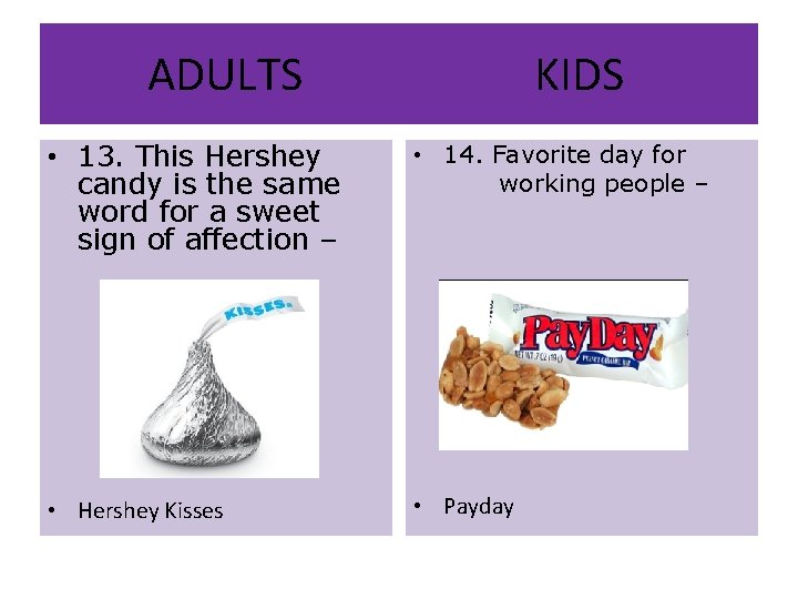 ADULTS KIDS • 13. This Hershey candy is the same word for a sweet