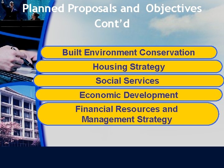 Planned Proposals and Objectives Cont’d Built Environment Conservation Housing Strategy Social Services Economic Development