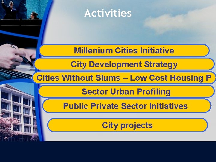 Activities Millenium Cities Initiative City Development Strategy Cities Without Slums – Low Cost Housing