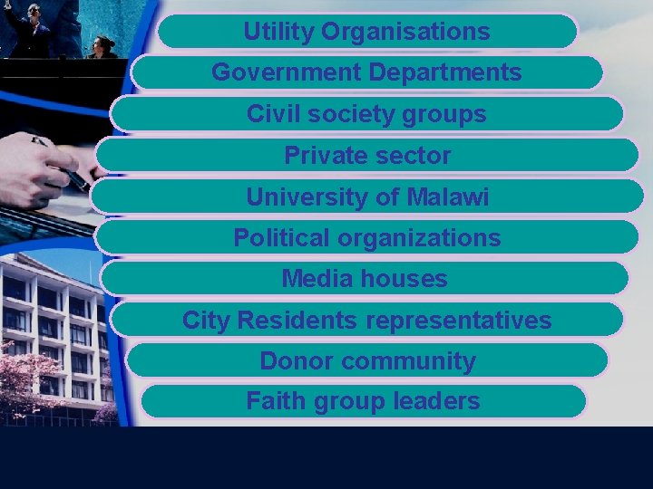 Utility Organisations Government Departments Civil society groups Private sector University of Malawi Political organizations