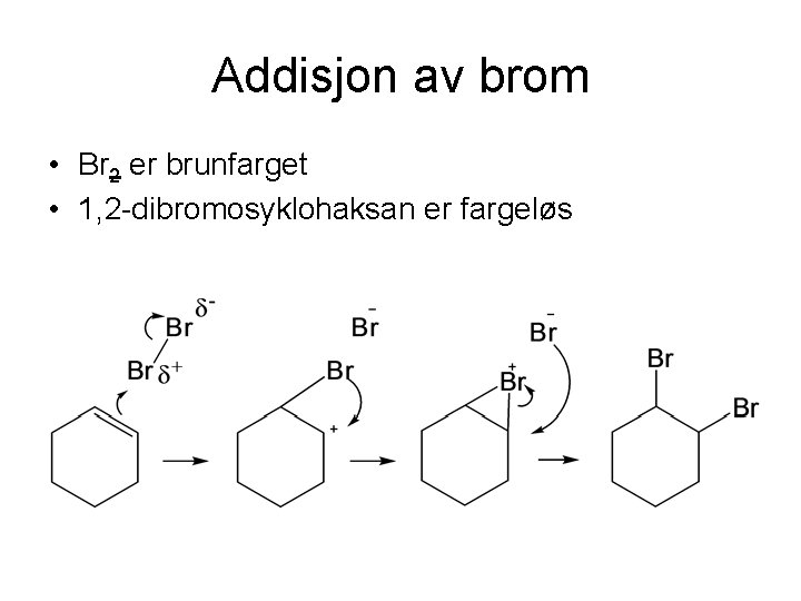 Addisjon av brom • Br 2 er brunfarget • 1, 2 -dibromosyklohaksan er fargeløs