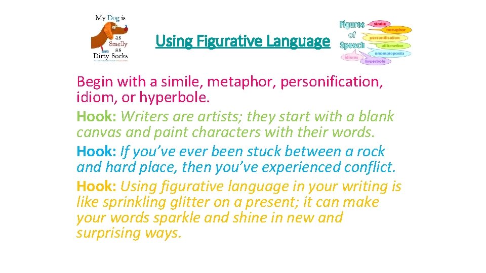 Using Figurative Language Begin with a simile, metaphor, personification, idiom, or hyperbole. Hook: Writers