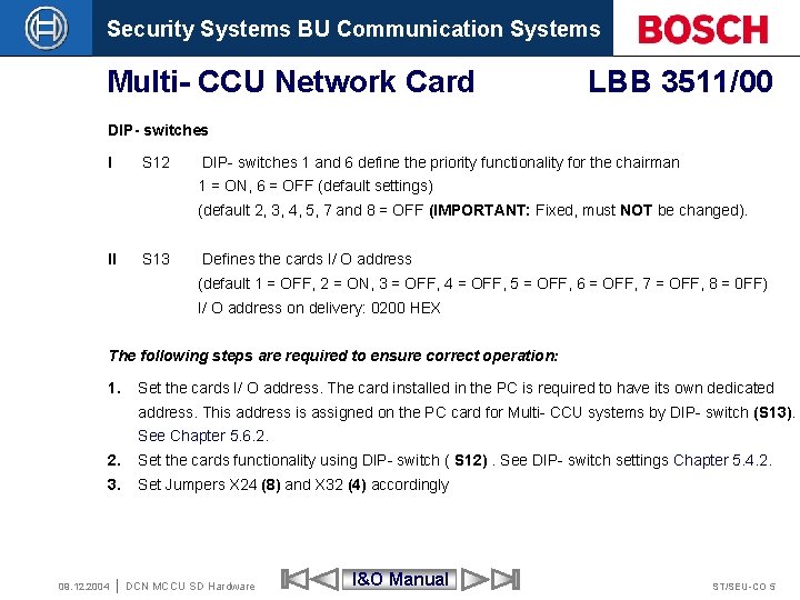 Security Systems BU Communication Systems Multi- CCU Network Card LBB 3511/00 DIP- switches I