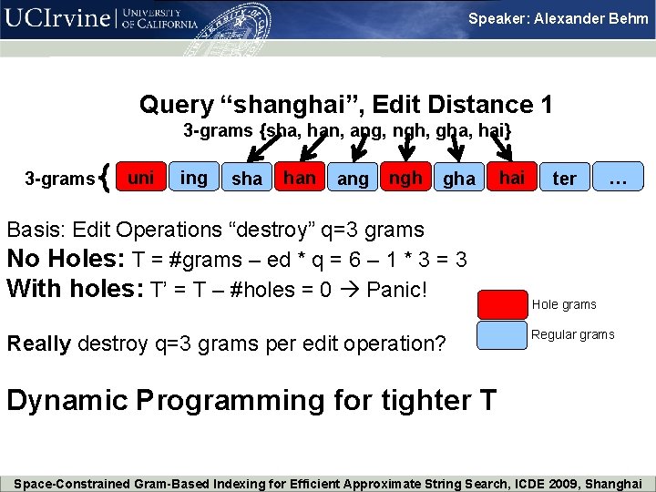 Speaker: Alexander Behm Query “shanghai”, Edit Distance 1 3 -grams {sha, han, ang, ngh,