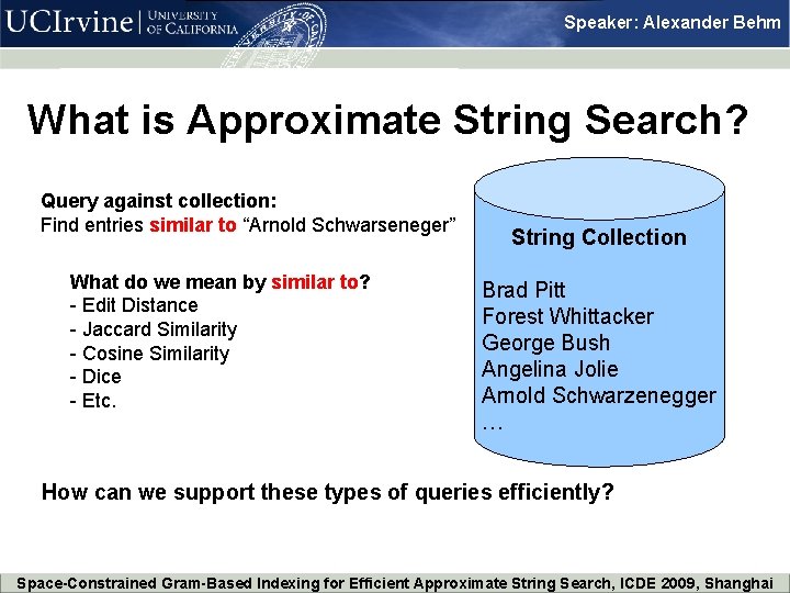 Speaker: Alexander Behm What is Approximate String Search? Query against collection: Find entries similar