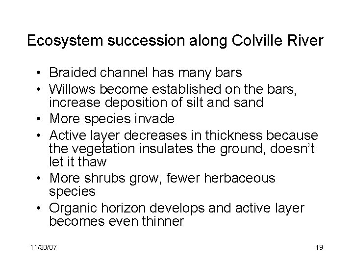 Ecosystem succession along Colville River • Braided channel has many bars • Willows become