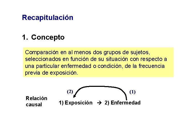 Recapitulación 1. Concepto Comparación en al menos dos grupos de sujetos, seleccionados en función