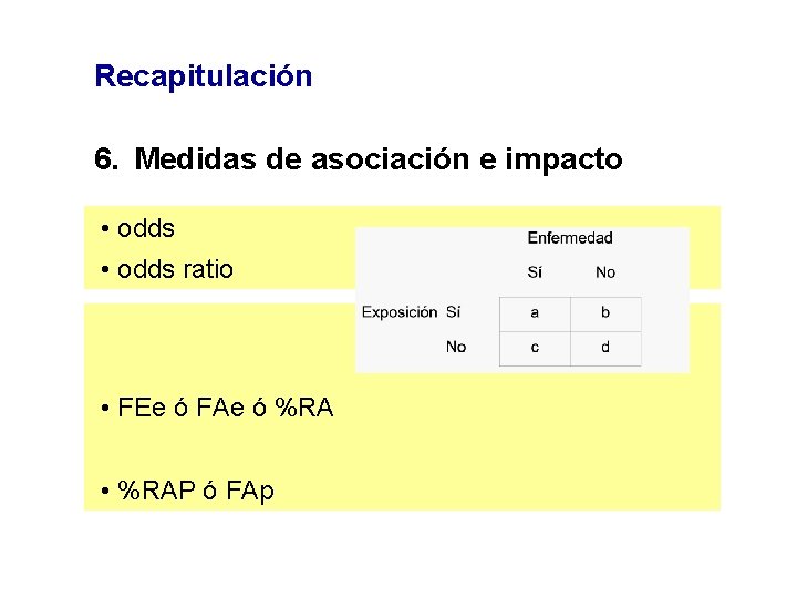 Recapitulación 6. Medidas de asociación e impacto • odds ratio • FEe ó FAe