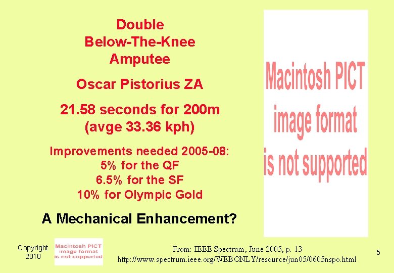 Double Below-The-Knee Amputee Oscar Pistorius ZA 21. 58 seconds for 200 m (avge 33.