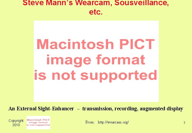 Steve Mann’s Wearcam, Sousveillance, etc. An External Sight-Enhancer – transmission, recording, augmented display Copyright