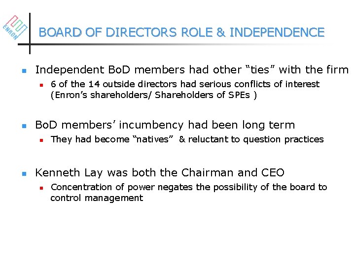 BOARD OF DIRECTORS ROLE & INDEPENDENCE n Independent Bo. D members had other “ties”