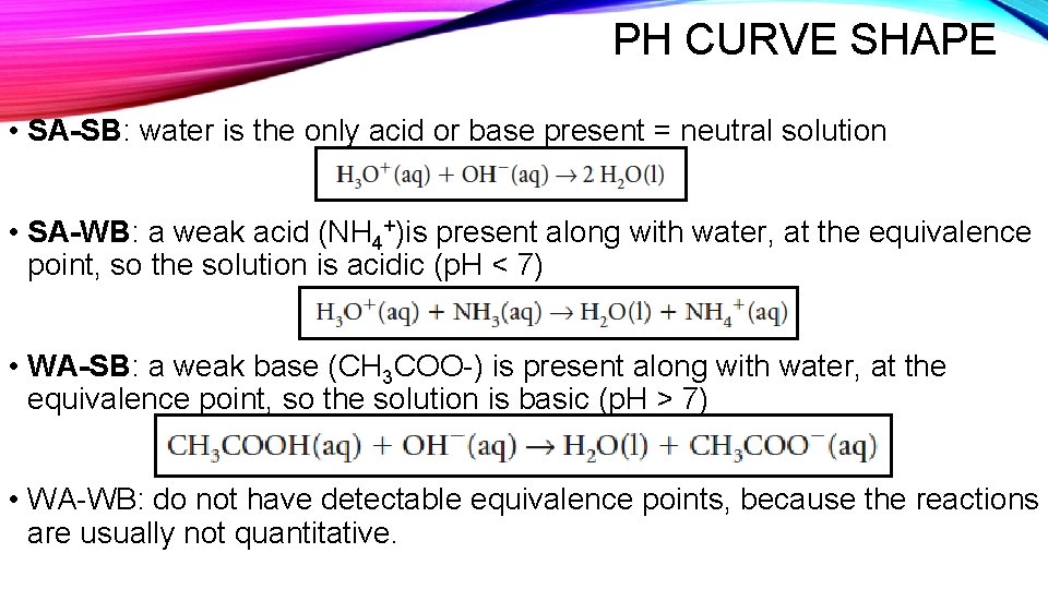PH CURVE SHAPE • SA-SB: water is the only acid or base present =