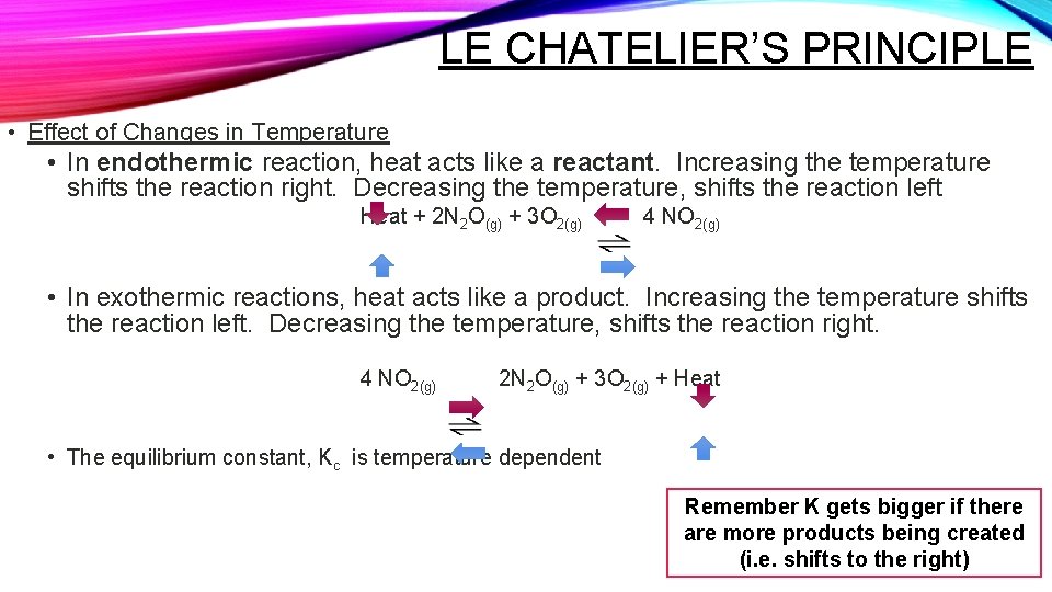 LE CHATELIER’S PRINCIPLE • Effect of Changes in Temperature • In endothermic reaction, heat