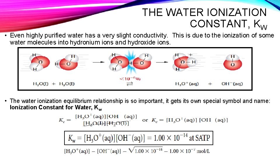 THE WATER IONIZATION CONSTANT, KW • Even highly purified water has a very slight