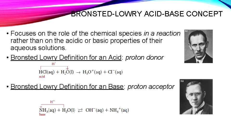 BRONSTED-LOWRY ACID-BASE CONCEPT • Focuses on the role of the chemical species in a