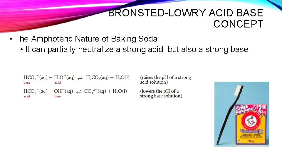 BRONSTED-LOWRY ACID BASE CONCEPT • The Amphoteric Nature of Baking Soda • It can