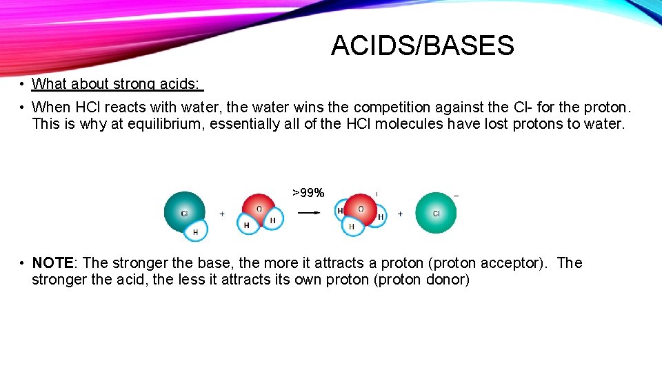 ACIDS/BASES • What about strong acids: • When HCl reacts with water, the water