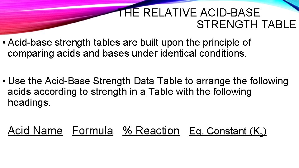 THE RELATIVE ACID-BASE STRENGTH TABLE • Acid-base strength tables are built upon the principle