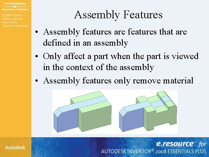 Assembly Features • Assembly features are features that are defined in an assembly •