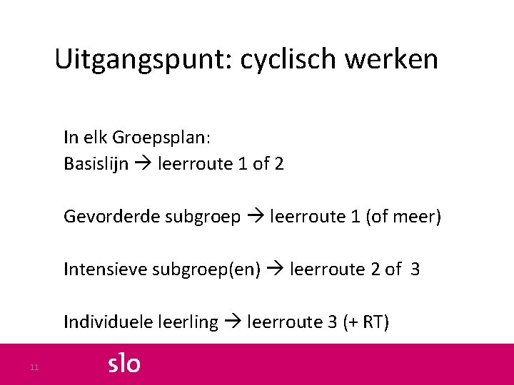 Uitgangspunt: cyclisch werken In elk Groepsplan: Basislijn leerroute 1 of 2 Gevorderde subgroep leerroute