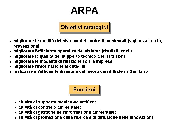 ARPA Obiettivi strategici l l l migliorare le qualità del sistema dei controlli ambientali