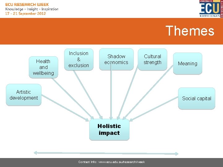 Themes Health and wellbeing Inclusion & exclusion Shadow economics Cultural strength Artistic development Meaning