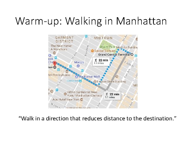 Warm-up: Walking in Manhattan “Walk in a direction that reduces distance to the destination. Warm-up: Walking in Manhattan “Walk in a direction that reduces distance to the destination.