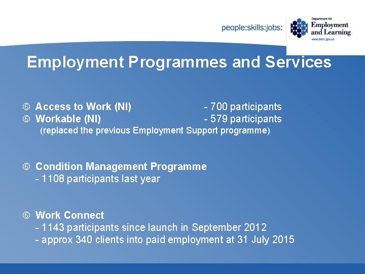 Employment Programmes and Services Access to Work (NI) Workable (NI) - 700 participants -