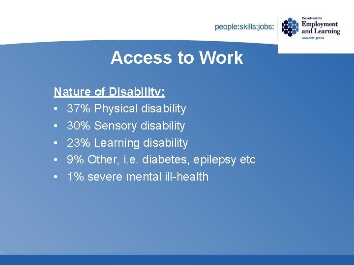 Access to Work Nature of Disability: • 37% Physical disability • 30% Sensory disability
