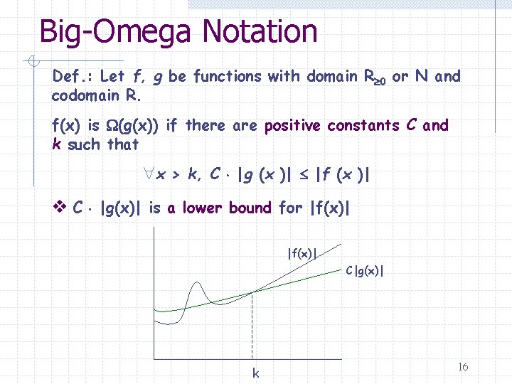 Big-Omega Notation Def. : Let f, g be functions with domain R 0 or
