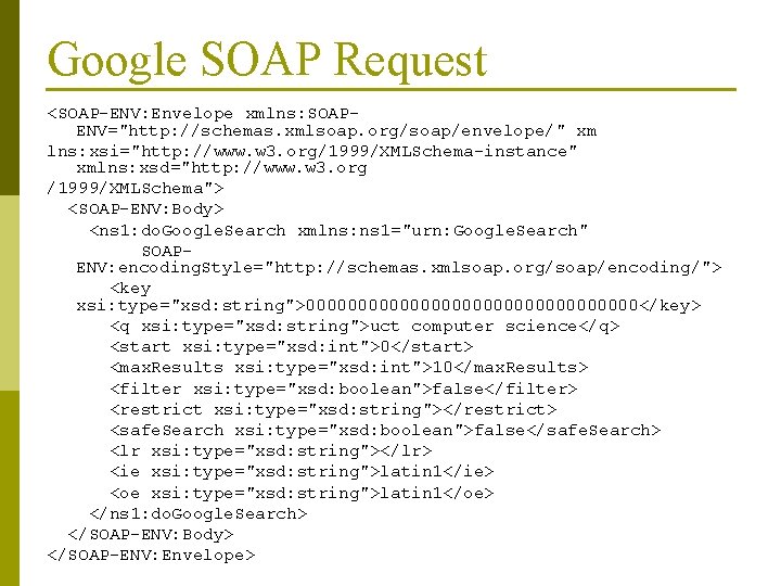 Google SOAP Request <SOAP-ENV: Envelope xmlns: SOAPENV="http: //schemas. xmlsoap. org/soap/envelope/" xm lns: xsi="http: //www.