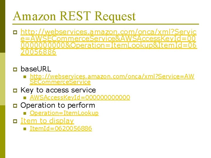 Amazon REST Request p http: //webservices. amazon. com/onca/xml? Servic e=AWSECommerce. Service&AWSAccess. Key. Id=00 00000&Operation=Item.