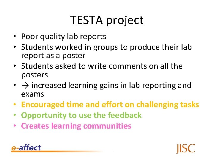 TESTA project • Poor quality lab reports • Students worked in groups to produce